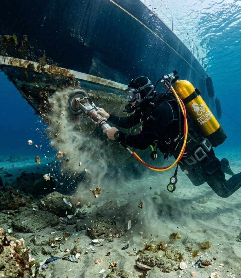 Mergulhador realizando a remoção de incrustações e limpeza de casco de barco com escova hidráulica sob a água.